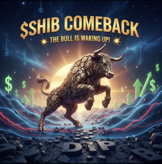 A digital artwork featuring a golden bull made of coins with the text "$SHIB COMEBACK - THE BULL IS WAKING UP!", set against a background of rising green arrows and dollar signs.