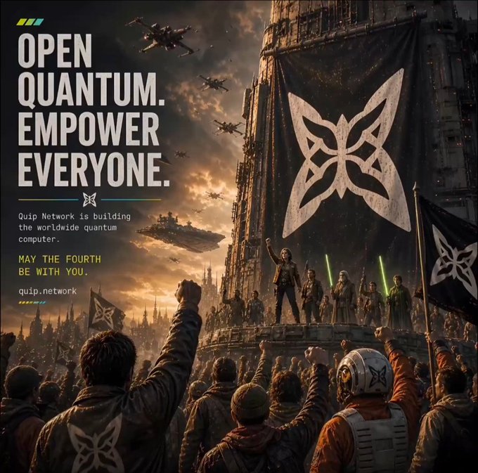 The image features a poster or advertisement promoting open computing power with a crowd of people gathered around a large banner displaying a butterfly symbol. The text on the poster encourages individuals to harness unused computing power through the Quip network, suggesting that this resource is available for use and can potentially benefit global collaboration in science and technology. The central message is to utilize the excess energy available worldwide, enabling users to access scientific computing for research, innovation, and communication.