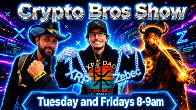 Promotional graphic for the "Crypto Bros Show" featuring hosts XRP DAD (Zebec), Innit2Winnit, and an AI warrior avatar, advertising episodes airing Tuesdays and Fridays from 8-9am, with the hosts holding XRP-branded chains against a neon cyber background to promote their purpose-driven crypto investing message.