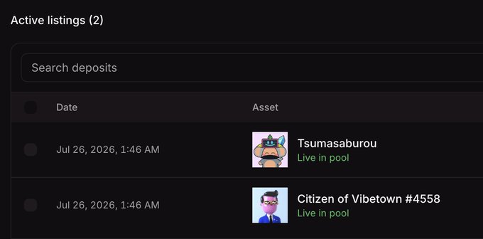 A dark-themed app interface showing 'Active listings (2)' with a search bar, listing 'Tsumasaburou' and 'Citizen of Vibetown #4558' both marked 'Live in pool' and dated Jul 26, 2026, 1:46 AM.