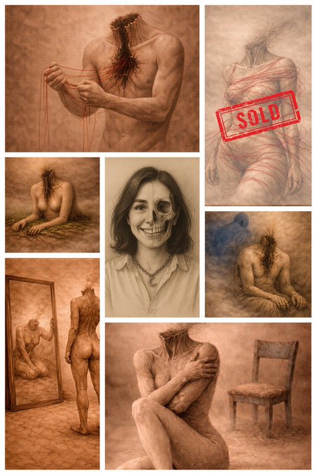 The image consists of a collage of nine different pictures, each featuring a person with their head removed or a skeleton. The images are arranged in a grid format, with three rows and three columns. In one of the photos, there's an illustration of a woman sitting on a chair, while another photo shows a man holding onto a rope. There is also a picture of a skeleton with its head removed. The remaining six pictures showcase various scenes related to the concept of removing or depicting a person's head in different contexts and settings.