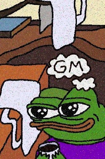A cartoon Pepe the Frog sits indoors with a smug expression, wearing a purple shirt, with a thought bubble reading “GM.” The caption “GM frens” fits the character’s apparent “good morning” greeting.