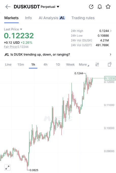 A trading chart for DUSK/USDT Perpetual shows the token trading at 0.12232 (+2.26%), having climbed from a low of 0.0825 to a recent high of 0.1244 over the displayed period, supporting the bullish projection of $0.15+.