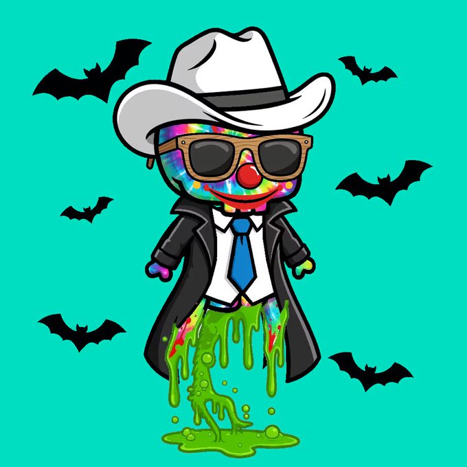 A cartoon clown wearing a white cowboy hat, sunglasses, and a black coat, with a colorful tie-dye face dripping green slime, set against a teal background with black bats.