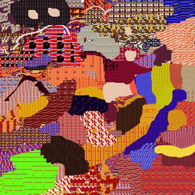 An abstract, chaotic digital artwork composed of various colorful patterns, textures, and pixelated shapes in shades of red, blue, yellow, and green.