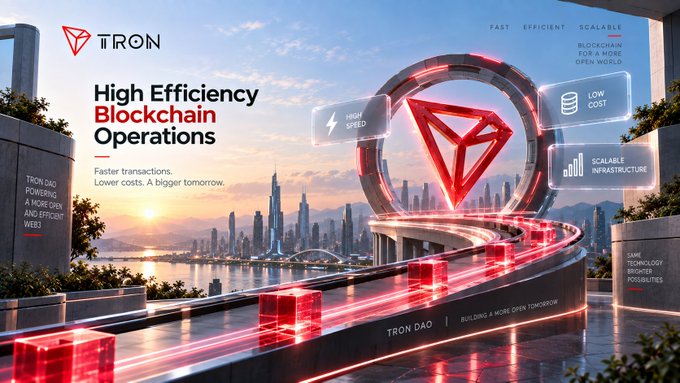 A TRON blockchain promotional banner titled 'High Efficiency Blockchain Operations' showcasing a futuristic cityscape with glowing red highways and features like high speed, low cost, and scalable infrastructure.