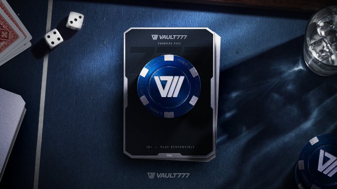 A "VAULT777 FOUNDER PASS" featuring a blue poker chip design rests on a felt table alongside dice, cards, and a glass of ice, visually reinforcing the post's message that Vault is a non-custodial crypto casino where players maintain control of their funds—unlike traditional platforms where withdrawals may never arrive.