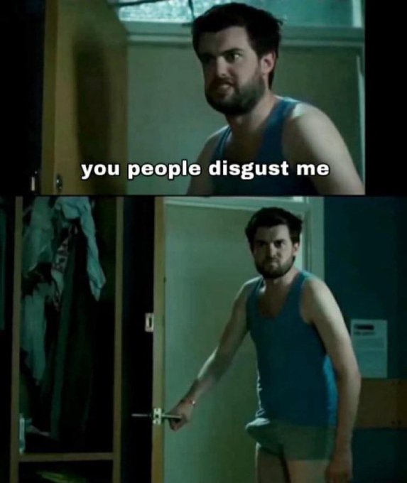 The image shows two frames of a bearded man in a blue tank top, with the top frame featuring the text "you people disgust me" and the bottom showing him holding a door handle. The meme humorously conveys dismissive contempt toward $GILF holders, suggesting the poster views them with derision while "taking notes" on their behavior.