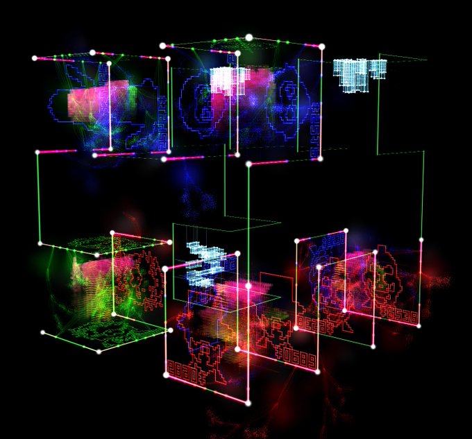 An abstract digital artwork displaying neon-colored wireframe cubes and glitchy patterns floating against a black background.