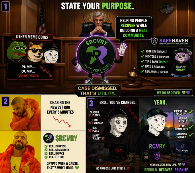 A four-panel promotional graphic for '$RCVRY RECOVERY COIN' cryptocurrency, featuring court-style imagery with a judge character, memes of distressed people, and comparisons to other meme coins with slogans like 'HELPING PEOPLE RECOVER WHILE BUILDING A REAL COMMUNITY' and 'CRYPTO WITH A CAUSE.'
