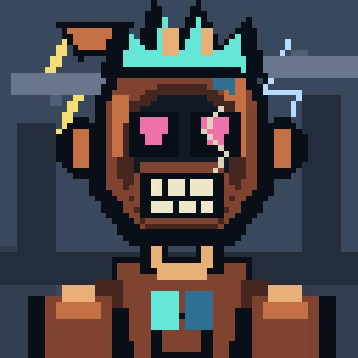 A pixel art portrait of a brown robotic character with a teal crown, glowing pink eyes, and a wide-toothed grin, set against a dark blue background. The crowned robot and chaotic "LOL" vibe match the post's playful tone from a sleep-deprived crypto ordinals user joking about waking up to 0.1 BTC.