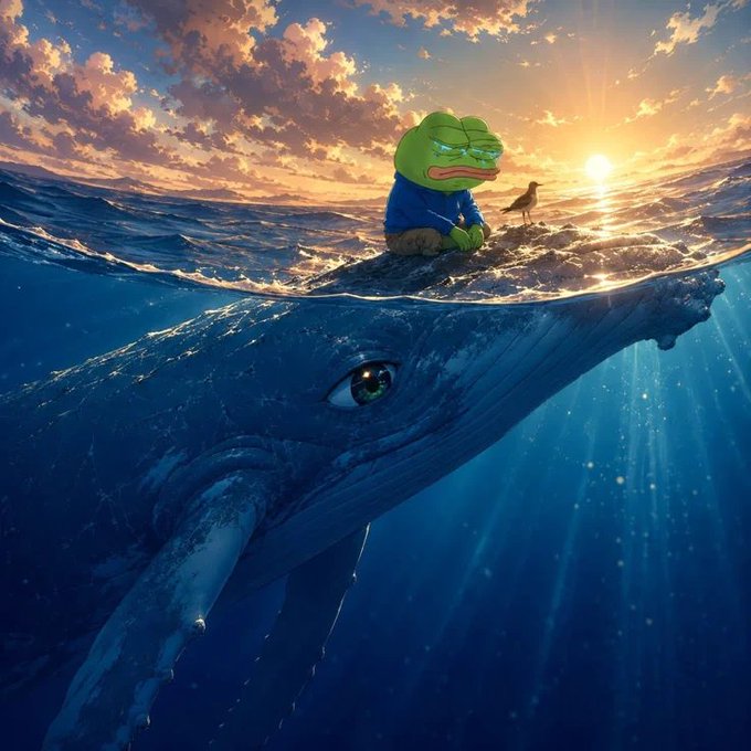 A digital artwork depicting a melancholic Pepe the Frog in a blue shirt sitting on the back of a massive blue whale, with a small bird beside him, set against a golden sunset ocean.
