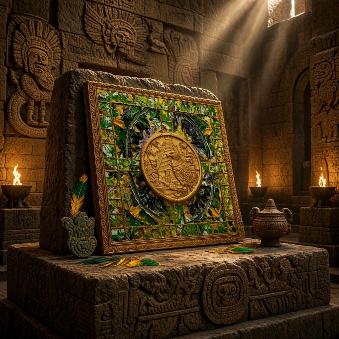 An ornate Aztec or Mayan-style stone altar holds a golden plaque depicting a warrior, surrounded by vibrant green mosaic tiles, with carved stone reliefs and lit torches in the background of a dimly lit ancient temple.