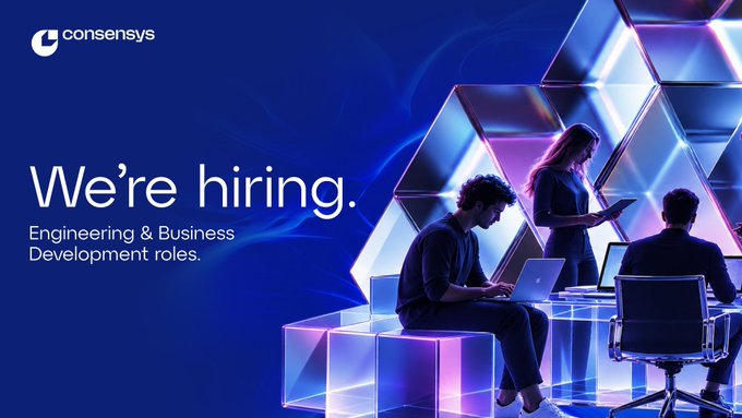 Consensys recruitment advertisement featuring "We're hiring. Engineering & Business Development roles" alongside an image of three professionals working in a futuristic, illuminated geometric workspace. The visual reinforces the post's message about open positions and team growth.