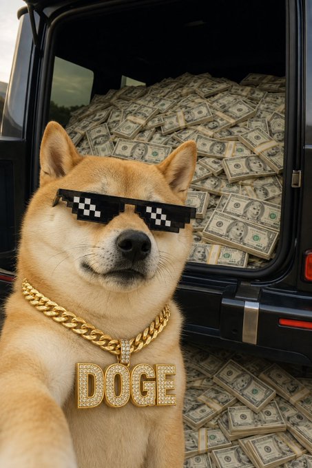 A Shiba Inu dog wearing pixelated 'deal with it' sunglasses and a gold chain with a 'DOGE' pendant, sitting in front of an SUV filled with stacks of cash.