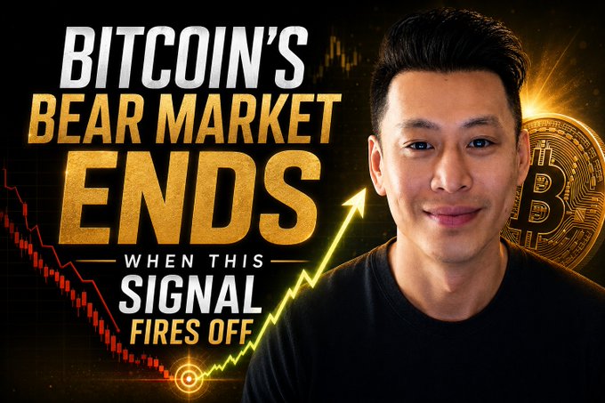 The image is a YouTube thumbnail featuring a man alongside bold text reading "BITCOIN'S BEAR MARKET ENDS WHEN THIS SIGNAL FIRES OFF," with a red downward chart trending to a green upward arrow and a Bitcoin logo in the background—visually reinforcing the post's teaser about identifying the key signal that could signal the end of Bitcoin's bear market cycle.