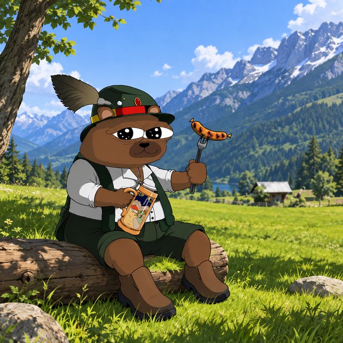A cartoon illustration of a brown bear dressed in traditional Bavarian lederhosen and a hat with a feather, sitting on a log while holding a beer stein and a sausage on a fork, with mountains in the background.