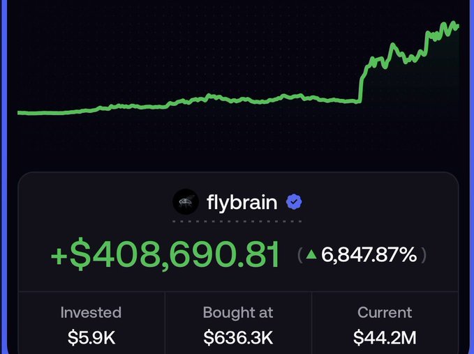 The image shows a stock/crypto chart screenshot for "flybrain" displaying a massive gain of +$408,690.81 (6,847.87%) with a $5.9K investment turning into a $44.2M current value, visually representing the post's claim about a successful $FLYBRAIN call that grew from $150K to $44M market cap.