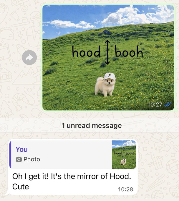A screenshot of a text message conversation shows a photo of a fluffy white dog wearing a hat in a grassy field, with the text "hood ↕ booh" (appearing as a vertical mirror reflection) overlaid, and the reply "Oh I get it! It's the mirror of Hood. Cute." The image cleverly illustrates the "booh" meme concept by mirroring "hood" to reference Robinhood (hood/booh) as discussed in the post about onboarding new users.