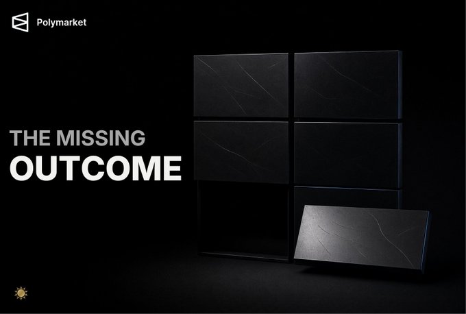 A Polymarket advertisement titled 'THE MISSING OUTCOME' displaying dark, cracked marble-like panels arranged in a grid against a black background.