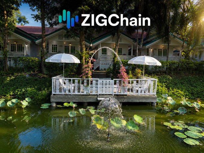 A scenic garden with a pond, lily pads, a fountain, and tables with white umbrellas, branded with the 'ZIGChain' logo.