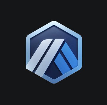 A blue hexagonal logo featuring a stylized "M" design is displayed against a dark background, symbolizing Arbitrum as the network reaches a $200 million milestone in tokenized stocks on its mainnet.