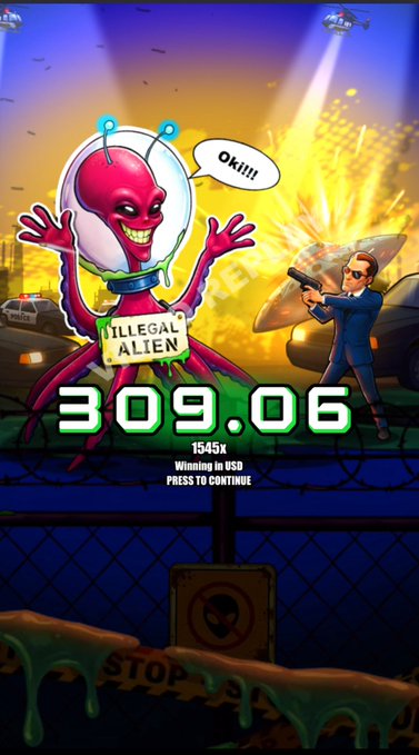 A screenshot from a mobile game showing an 'Illegal Alien' character with a pink alien head and green body, alongside a man in a suit aiming a gun, with a winnings display reading '309.06' USD and '1545x'.