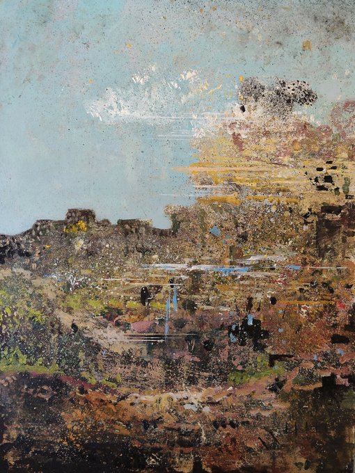 An abstract textured painting featuring a landscape with earthy tones, splatters, and architectural elements against a blue sky.