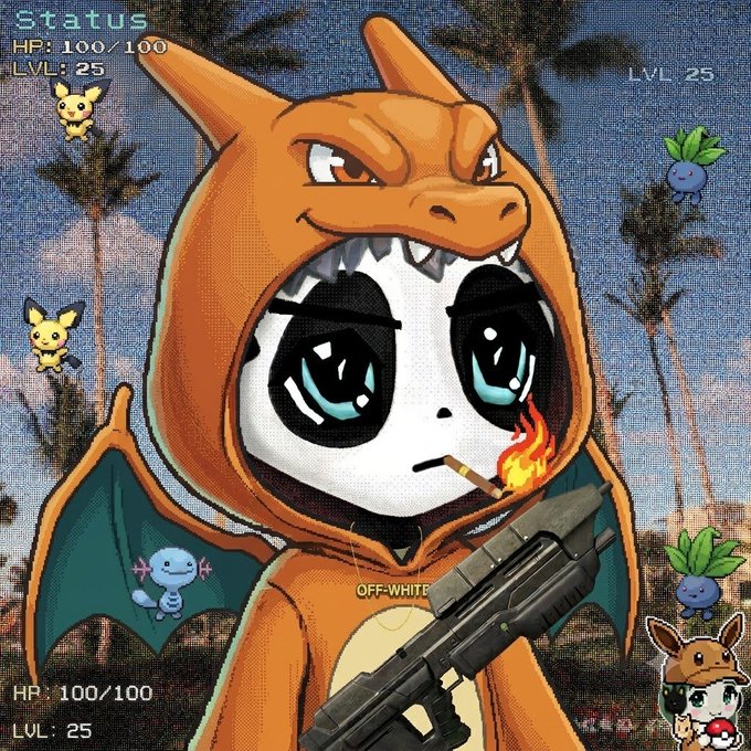 An illustration of a cartoon character wearing an orange dragon hood and holding a gun and cigarette, with 'Status HP:100/100 LVL:25' text and small Pokemon-like creatures around the edges.