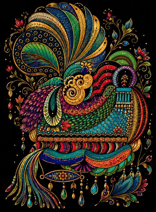 An intricate, colorful illustration of a fantastical creature adorned with elaborate patterns, jewels, and floral motifs against a black background.