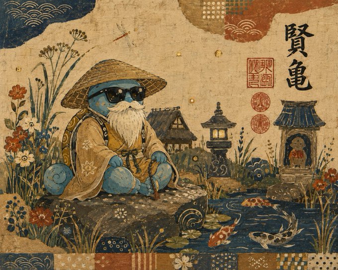 A whimsical illustration in a traditional Japanese ukiyo-e style depicts a blue, bearded turtle-like creature wearing a straw hat, sunglasses, and robes, sitting by a koi pond with Japanese characters '賢亀' (Wise Turtle) in the upper right.