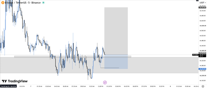 A TradingView candlestick chart for BTC/USDT TetherUS on Binance showing a 5-minute timeframe with a highlighted gray price zone.
