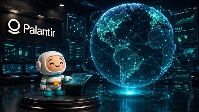 A digital artwork features a cute astronaut character interacting with a tablet in a high-tech command center, with the 'Palantir' logo prominently displayed on the wall next to a large, glowing 3D globe.