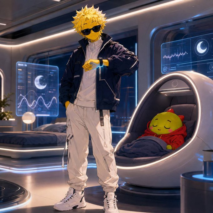 A digital illustration of a character with spiky yellow hair and sunglasses, wearing a navy jacket and white pants, standing in a futuristic room while checking his watch, next to a small green creature sleeping in a pod.