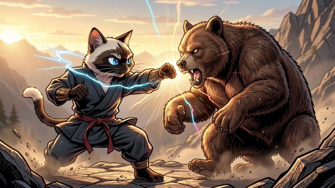 A fantasy digital illustration depicting an anthropomorphic cat in a martial arts robe throwing an electrified punch at a massive roaring brown bear on a rocky mountain landscape.