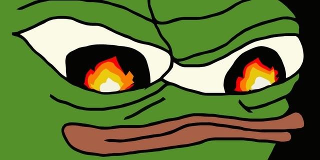 A digital illustration of the Pepe the Frog meme character with fiery flames inside its pupils and a wide smile.