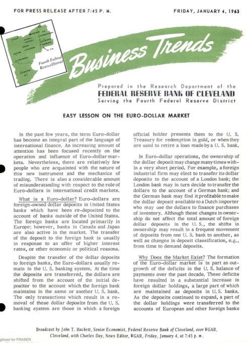 A document titled 'Business Trends' from the Federal Reserve Bank of Cleveland, dated Friday, January 4, 1963, presenting 'EASY LESSON ON THE EURO-DOLLAR MARKET.'