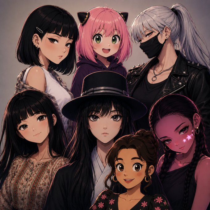 An illustrated artwork featuring a group of seven anime-style female characters with various hair colors including black, pink, silver, and dark hues, each with distinct outfits and accessories like cat ears, a top hat, and face masks against a gray background.