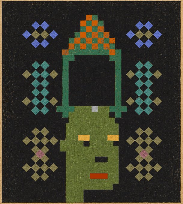 A pixel art style image depicting a green-skinned character with orange floral headpiece framed by a green doorway, surrounded by geometric diamond patterns in blue, teal, and gold on a black background.