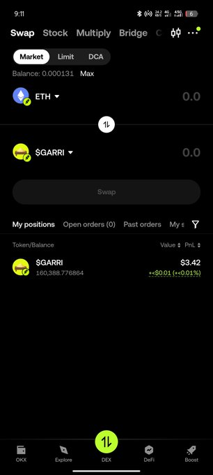 A screenshot of the OKX mobile app showing a swap interface between ETH and $GARRI tokens, with a balance of 160,388.776864 $GARRI valued at $3.42.