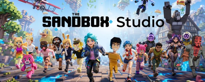 The image features a group of people running through a cityscape with buildings and trees. The text "The Sandbox Studio" is written above them, indicating that this scene takes place within a video game studio setting. The people are depicted as cartoon characters, adding a fun and playful element to the overall atmosphere. The post suggests that there might be an AI-driven aspect to the game's narrative or gameplay direction, which could provide new ways for players to interact with the game world.
