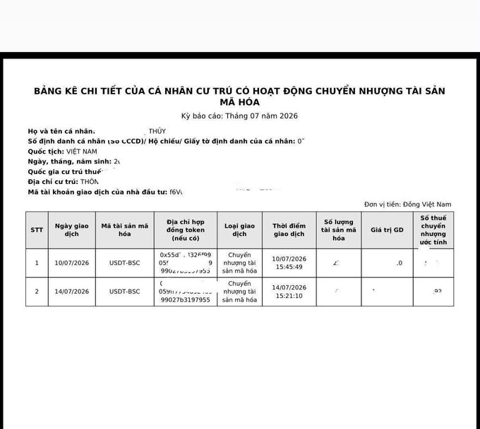 A Vietnamese tax declaration document titled 'BẢNG KÊ CHI TIẾT CỦA CÁ NHÂN CÓ HOẠT ĐỘNG CHUYỂN NHƯỢNG TÀI SẢN MÃ HÓA' detailing cryptocurrency asset transfer transactions for July 2026.