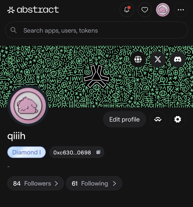 An Abstract app profile for user 'qiih' with a wallet address starting '0xc630...0698', featuring 84 followers, 61 following, and a Diamond I tier.