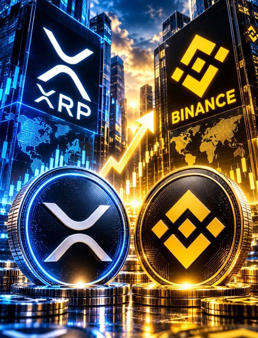 A digital artwork depicting gold and silver cryptocurrency coins with 'XRP' and 'BINANCE' logos against a futuristic cityscape backdrop with an upward-trending arrow.