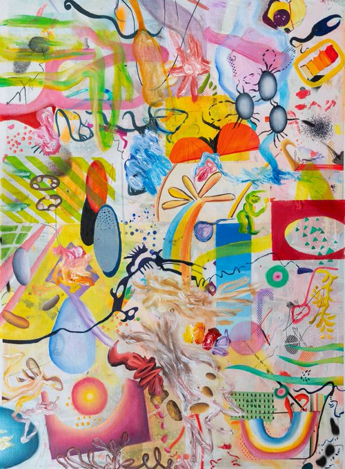 Vibrant, chaotic abstract painting filled with colorful shapes, lines, rainbows, and textured forms.