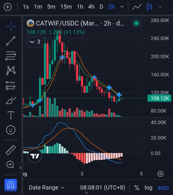 A trading chart displays CATWIF/USDC on a 2-hour timeframe, showing a price of 108.12K with a +1.13% gain, featuring candlestick patterns and technical indicators.
