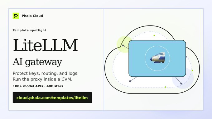 The image shows an advertisement for LiteLLM, which is a routing layer used by teams to manage APIs. The text on the image reads "LiteLLM is the routing layer for teams juggling 100+ model APIs. Deploy it on Phala Cloud to keep provider keys, routing policy, request logs, and gateway traffic inside a TEE-backed CVM." This advertisement highlights the benefits of using LiteLLM in managing API requests and keeping them secure within a cloud environment.