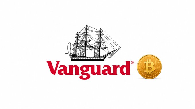 The image shows the Vanguard logo with its iconic sailing ship above the red "Vanguard®" wordmark, accompanied by a gold Bitcoin (₿) coin, visually symbolizing Vanguard's move into the digital asset space with the hire of its first Head of Digital Assets.