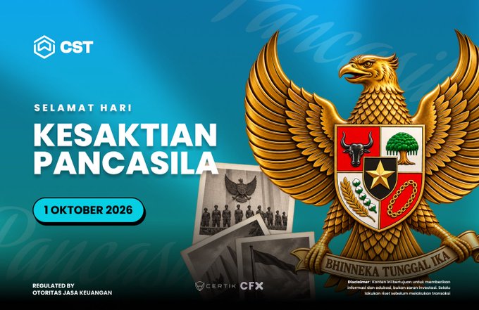 A graphic celebrating Indonesian Pancasila Day on October 1, 2026, featuring the Garuda Pancasila emblem with text 'SELAMAT HARI KESAKTIAN PANCASILA' and the CST logo.
