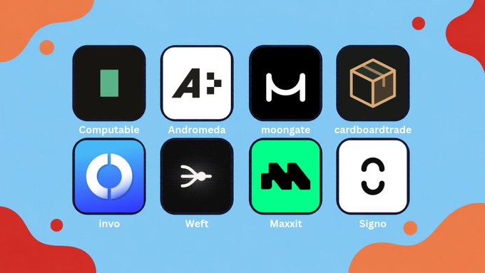 A grid of eight app icons is displayed on a blue and orange background, labeled Computable, Andromeda, moongate, cardboardtrade, invo, Weft, Maxxit, and Signo.